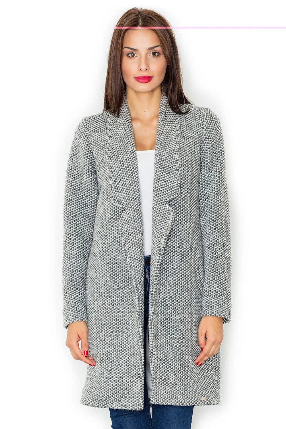 Manteau tissé gris classique élégant à motifs géométriques pour un style automne-hiver raffiné