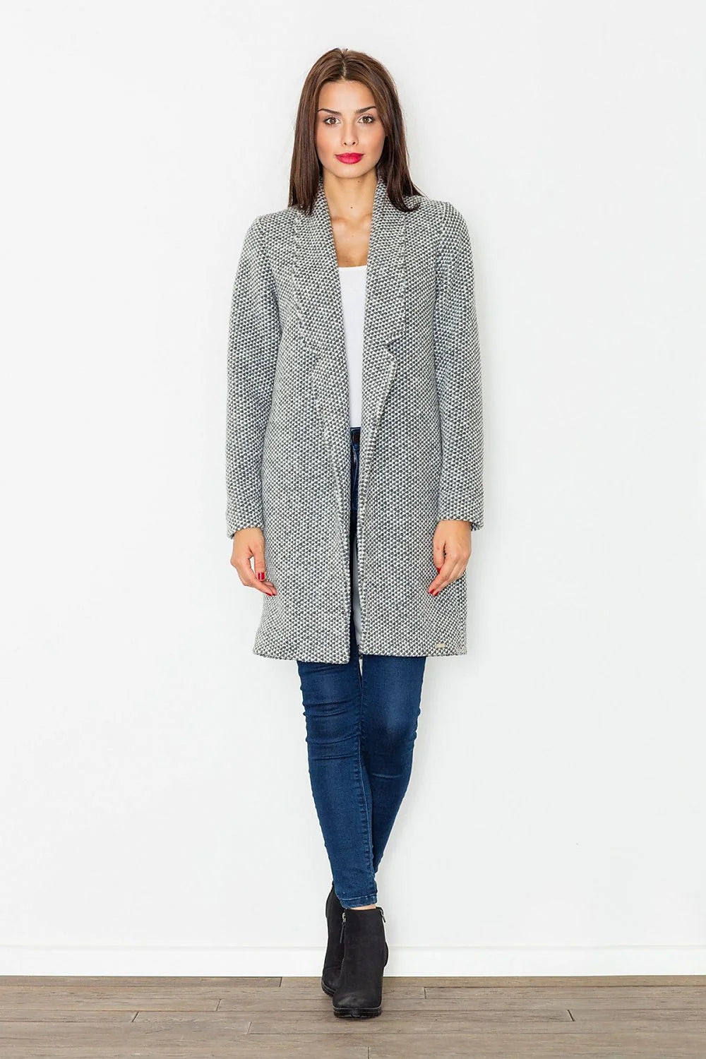 Manteau tissé gris classique élégant à motifs géométriques pour un style automne-hiver raffiné