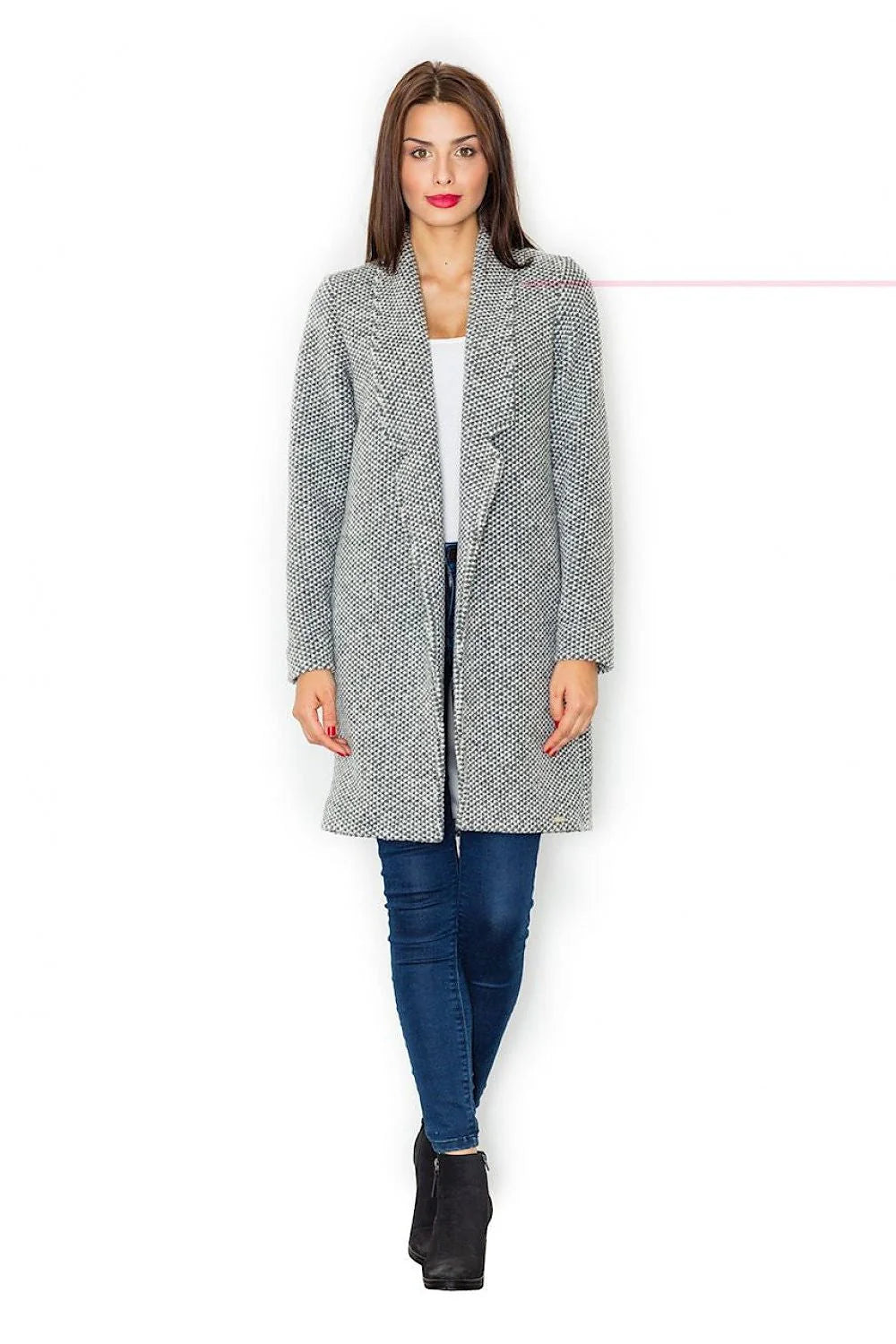 Manteau tissé gris classique élégant à motifs géométriques pour un style automne-hiver raffiné