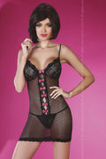 Nuisette en tulle noire sexy élégante avec dentelle et nœuds roses pour soirées glamour