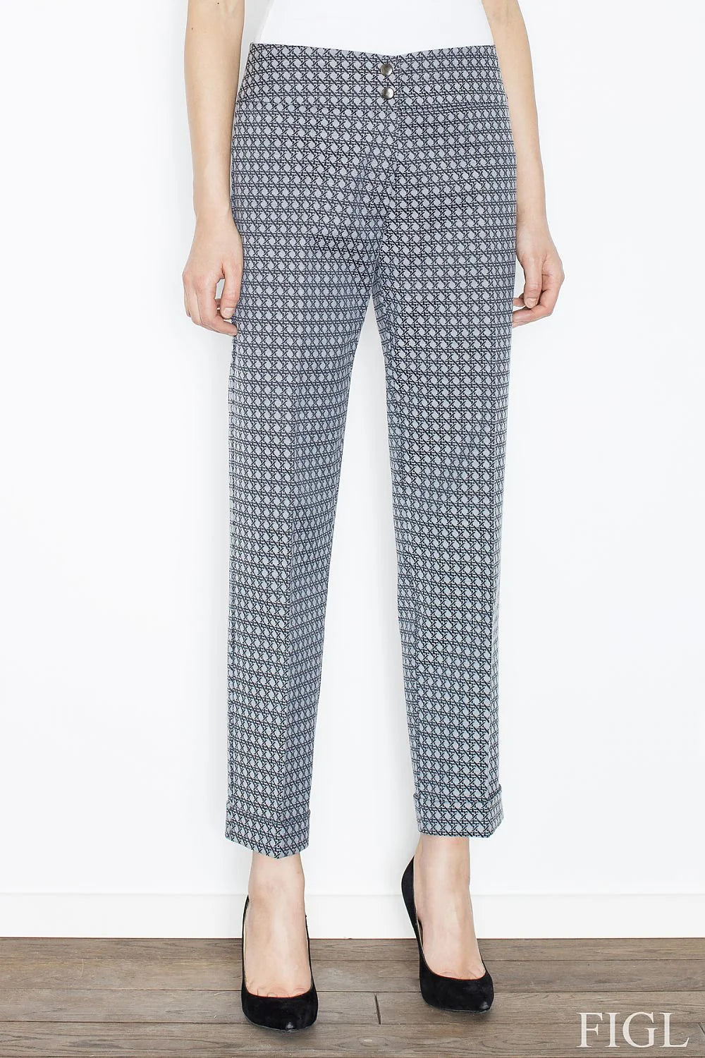 Pantalon droit en tissu moderne motif géométrique bleu blanc élégant confort pour femme active