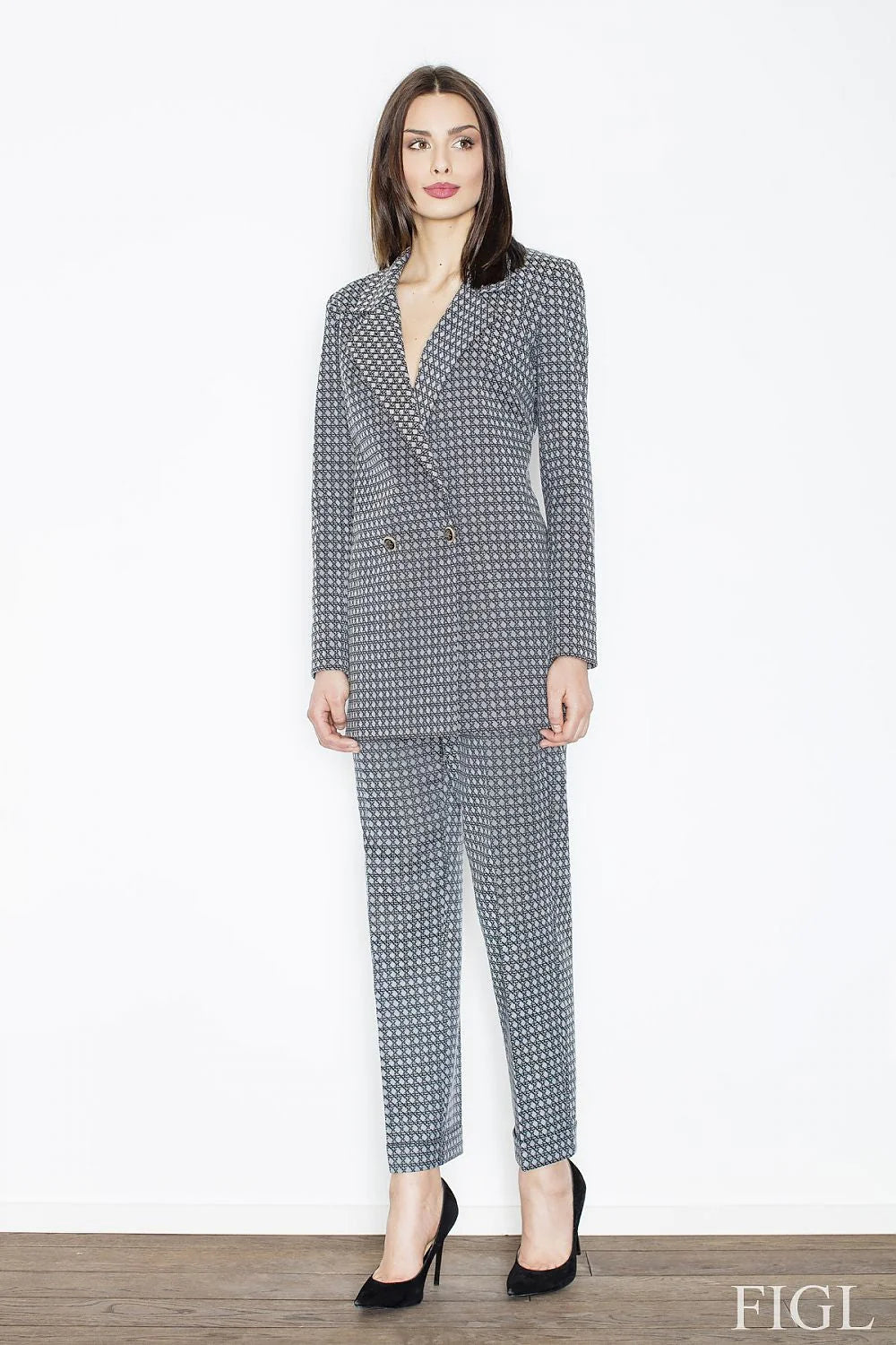Pantalon droit en tissu moderne motif géométrique bleu blanc élégant confort pour femme active