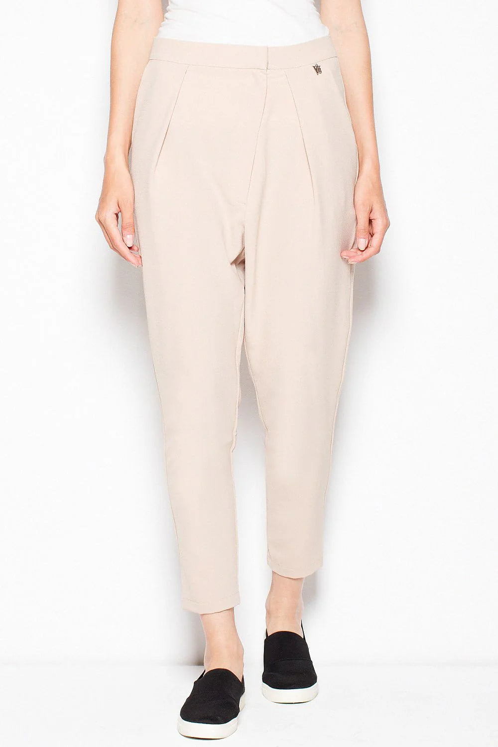 Pantalon femme beige clair décontracté en tissu léger ample fuselé taille élastique confort quotidien