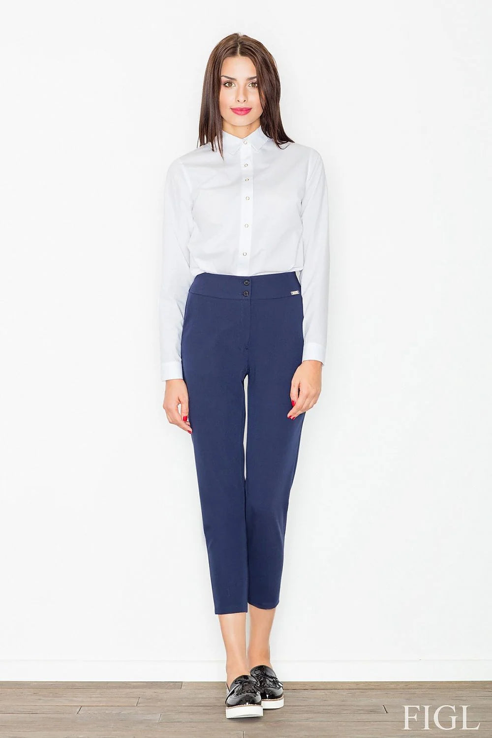 Pantalon femme bleu marine en polyester style classique taille haute confortable pour toutes occasions