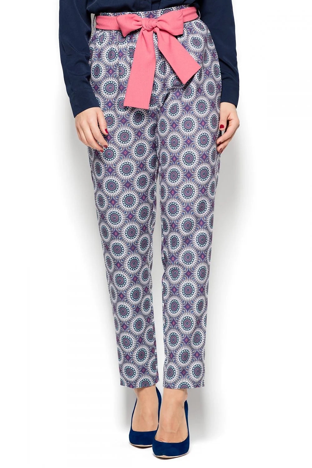 Pantalon femme coton confortable motifs géométriques multicolores taille haute nœud rose style décontracté chic