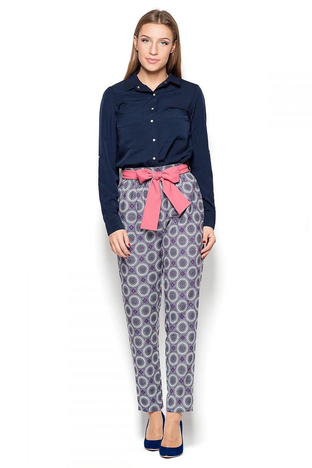 Pantalon femme coton confortable motifs géométriques multicolores taille haute nœud rose style décontracté chic