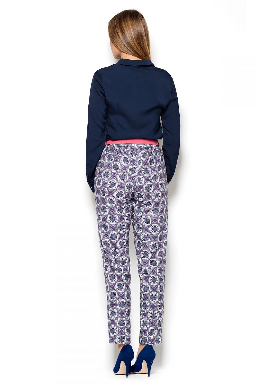 Pantalon femme coton confortable motifs géométriques multicolores taille haute nœud rose style décontracté chic