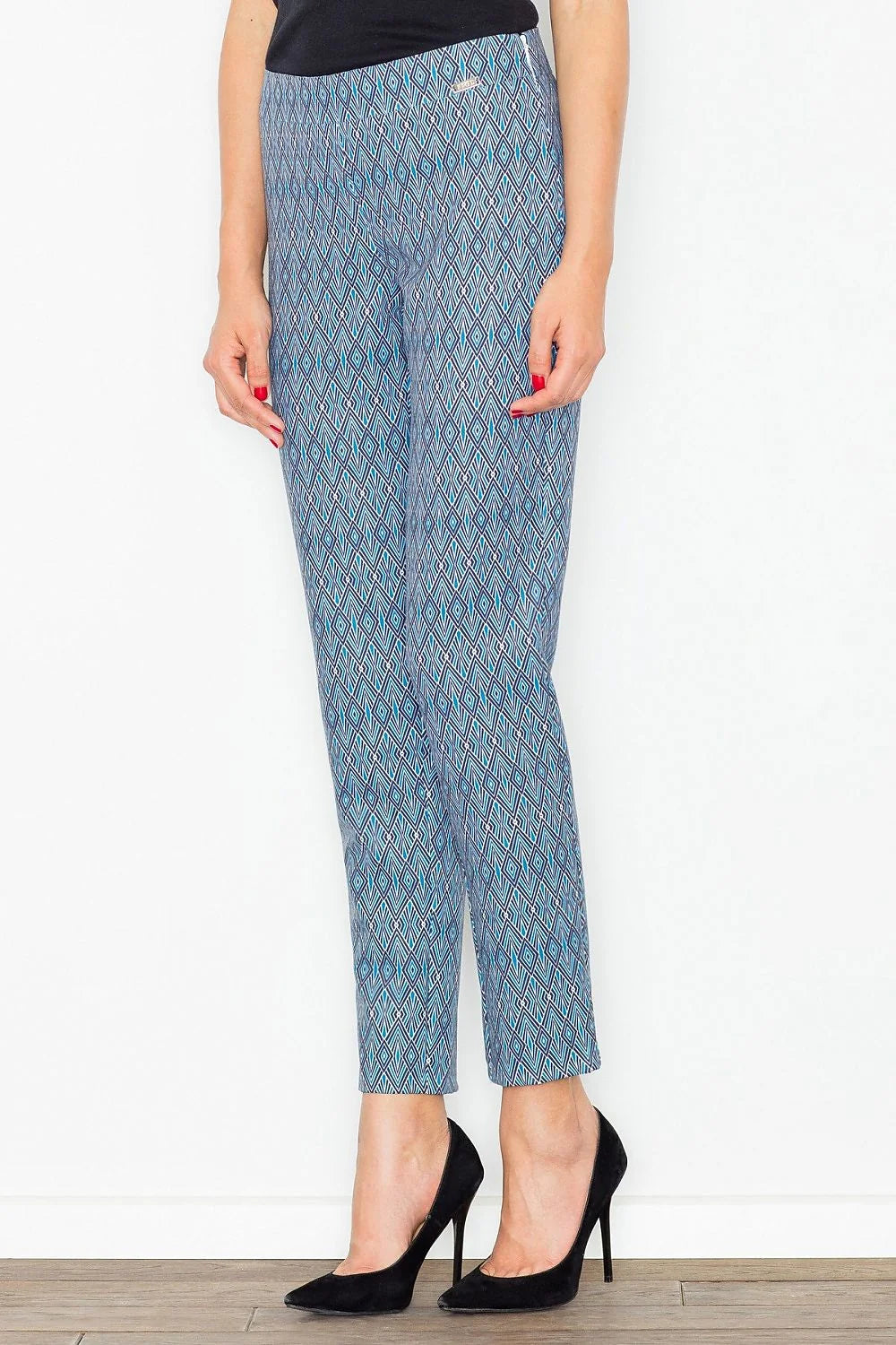 Pantalon femme coton moderne motifs géométriques tendance coupe droite bleu casual chic polyvalent