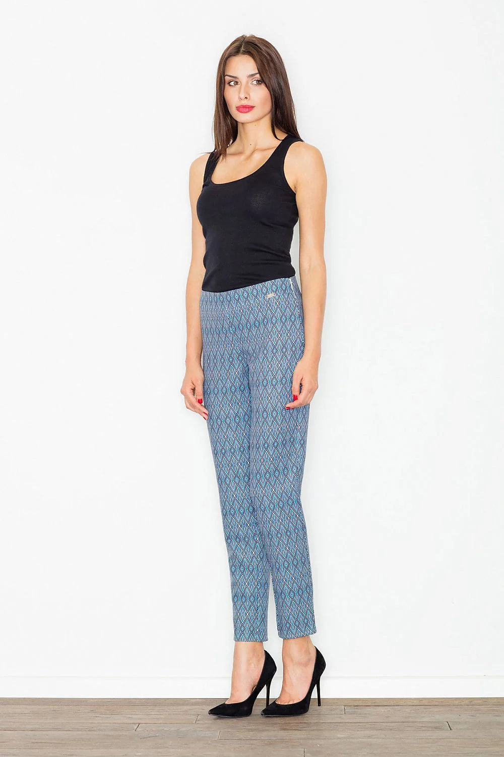 Pantalon femme coton moderne motifs géométriques tendance coupe droite bleu casual chic polyvalent