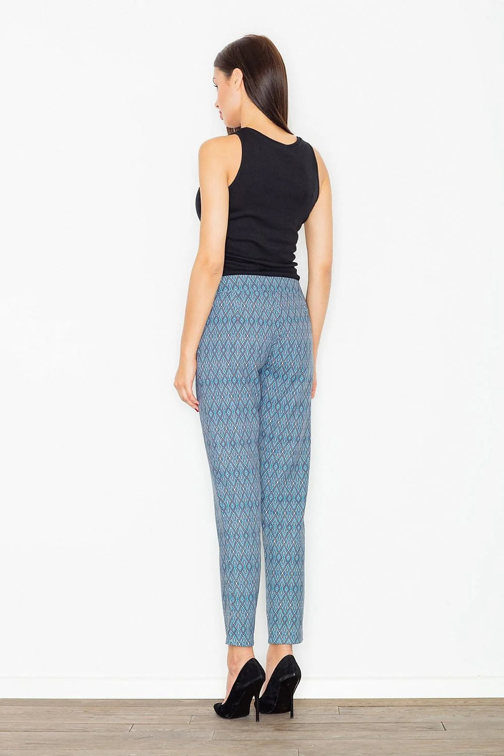 Pantalon femme coton moderne motifs géométriques tendance coupe droite bleu casual chic polyvalent