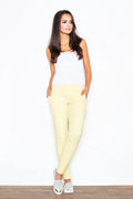 Pantalon femme coton style décontracté élégant jaune taille haute poches mode estivale confortable