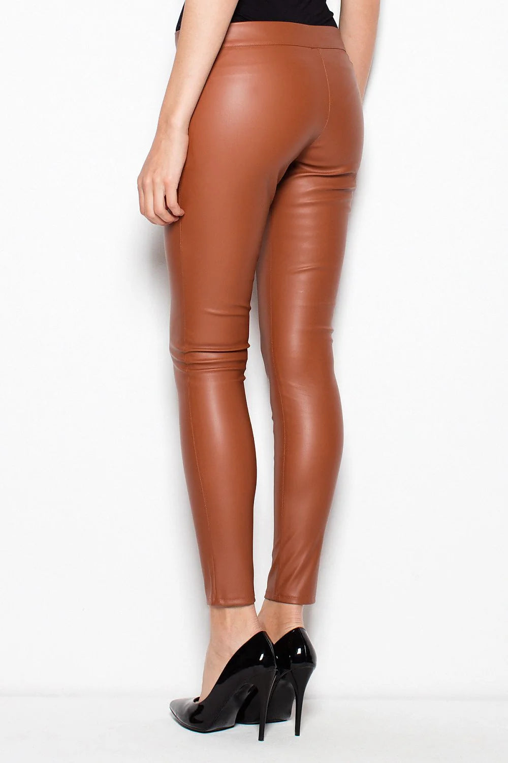 Pantalon femme slim en similicuir marron chic moderne sans fermeture éclair pour style sophistiqué