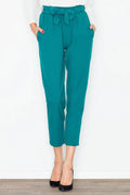 Pantalon femme taille haute en polyester vert canard décontracté élégant avec ceinture nouer moderne
