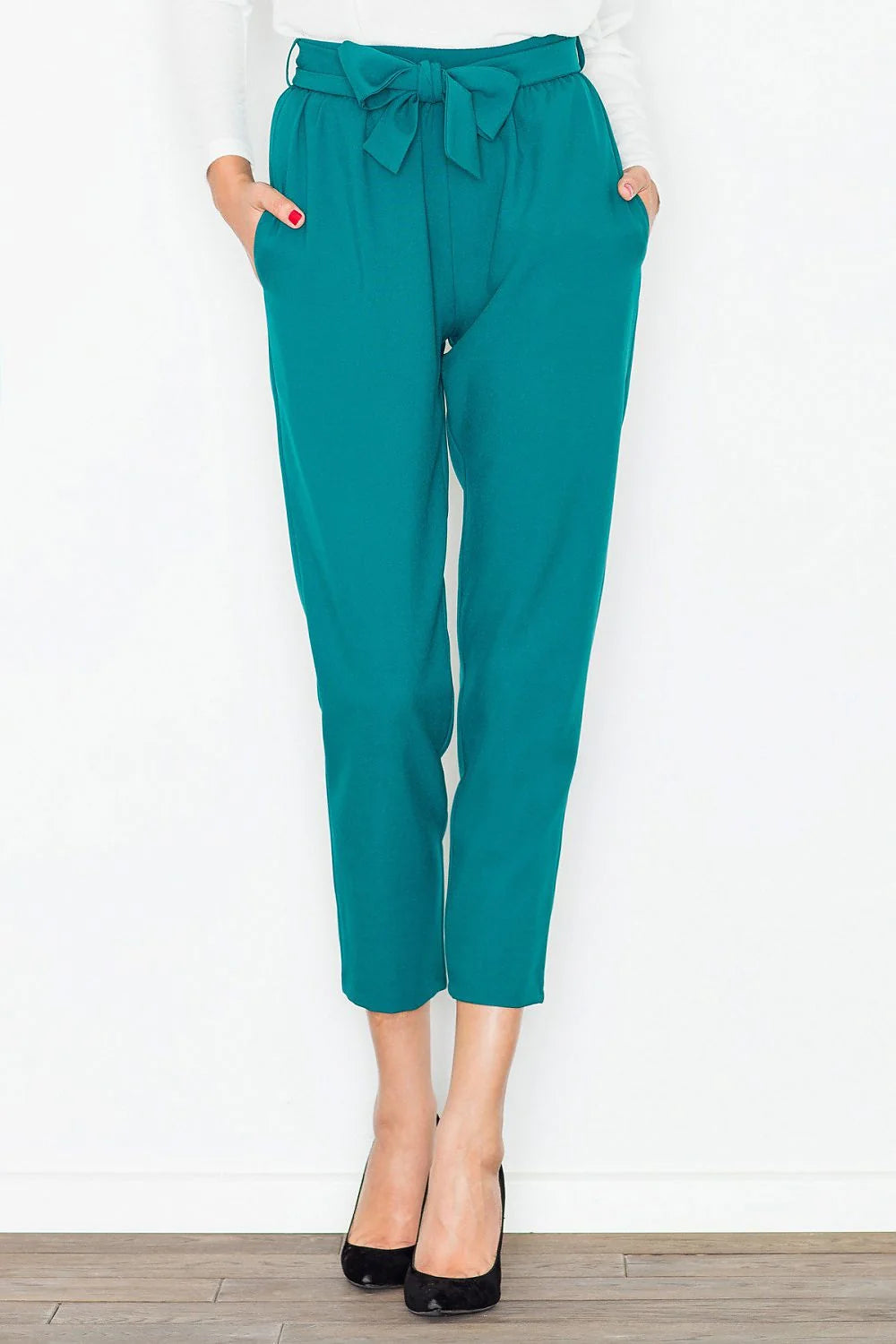 Pantalon femme taille haute en polyester vert canard décontracté élégant avec ceinture nouer moderne
