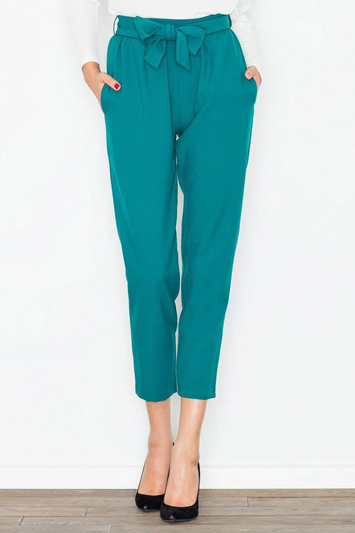 Pantalon femme taille haute en polyester vert canard décontracté élégant avec ceinture nouer moderne