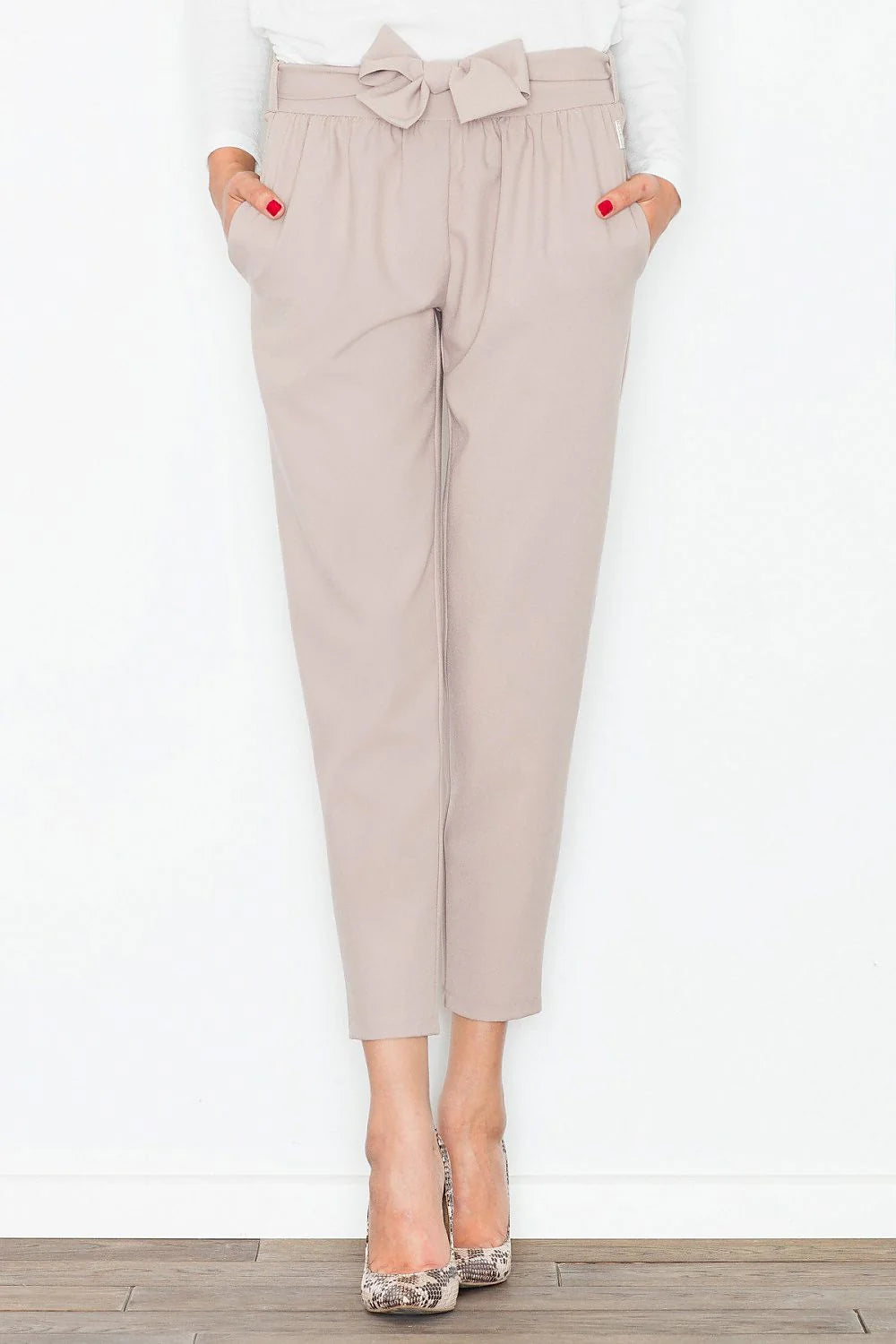 Pantalon femme taille haute en polyester vert canard décontracté élégant avec ceinture nouer moderne