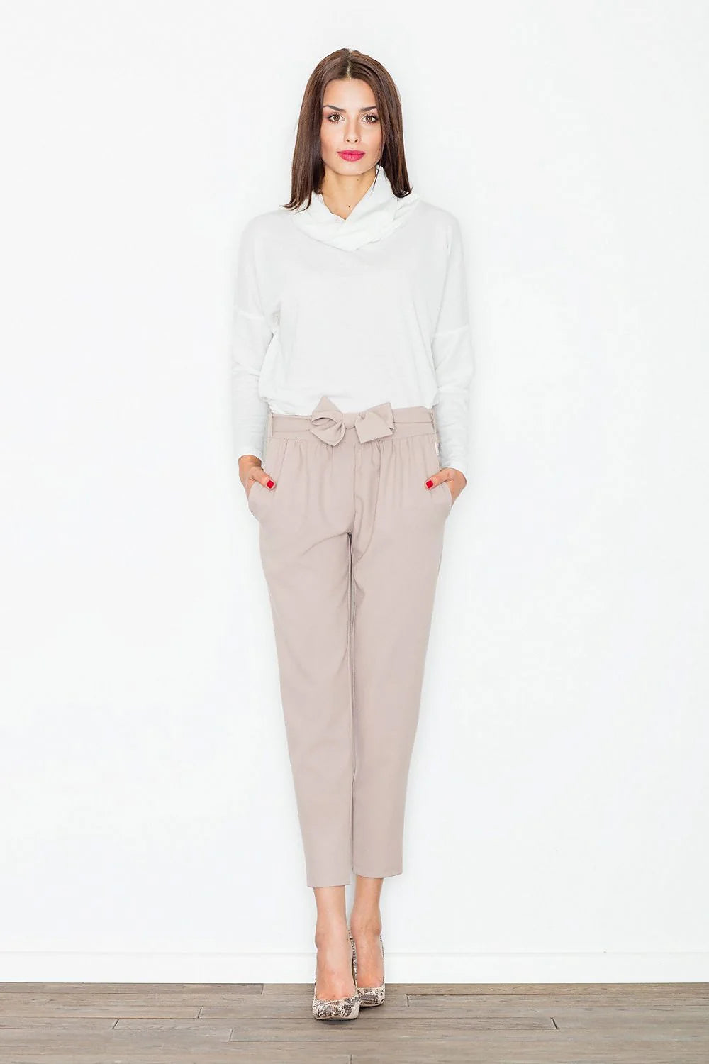 Pantalon femme taille haute en polyester vert canard décontracté élégant avec ceinture nouer moderne