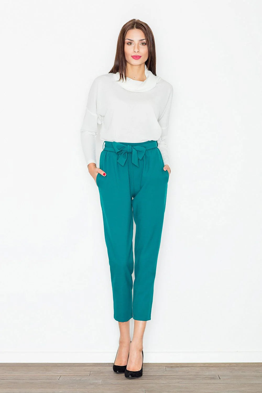 Pantalon femme taille haute en polyester vert canard décontracté élégant avec ceinture nouer moderne