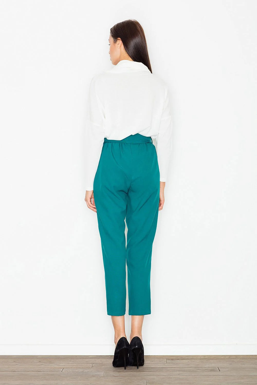 Pantalon femme taille haute en polyester vert canard décontracté élégant avec ceinture nouer moderne