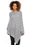 Poncho tricot gris élégant ample motif ajouré confortable chic automne hiver pour femmes mode