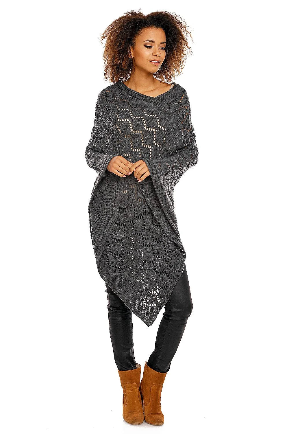 Poncho tricot gris élégant ample motif ajouré confortable chic automne hiver pour femmes mode
