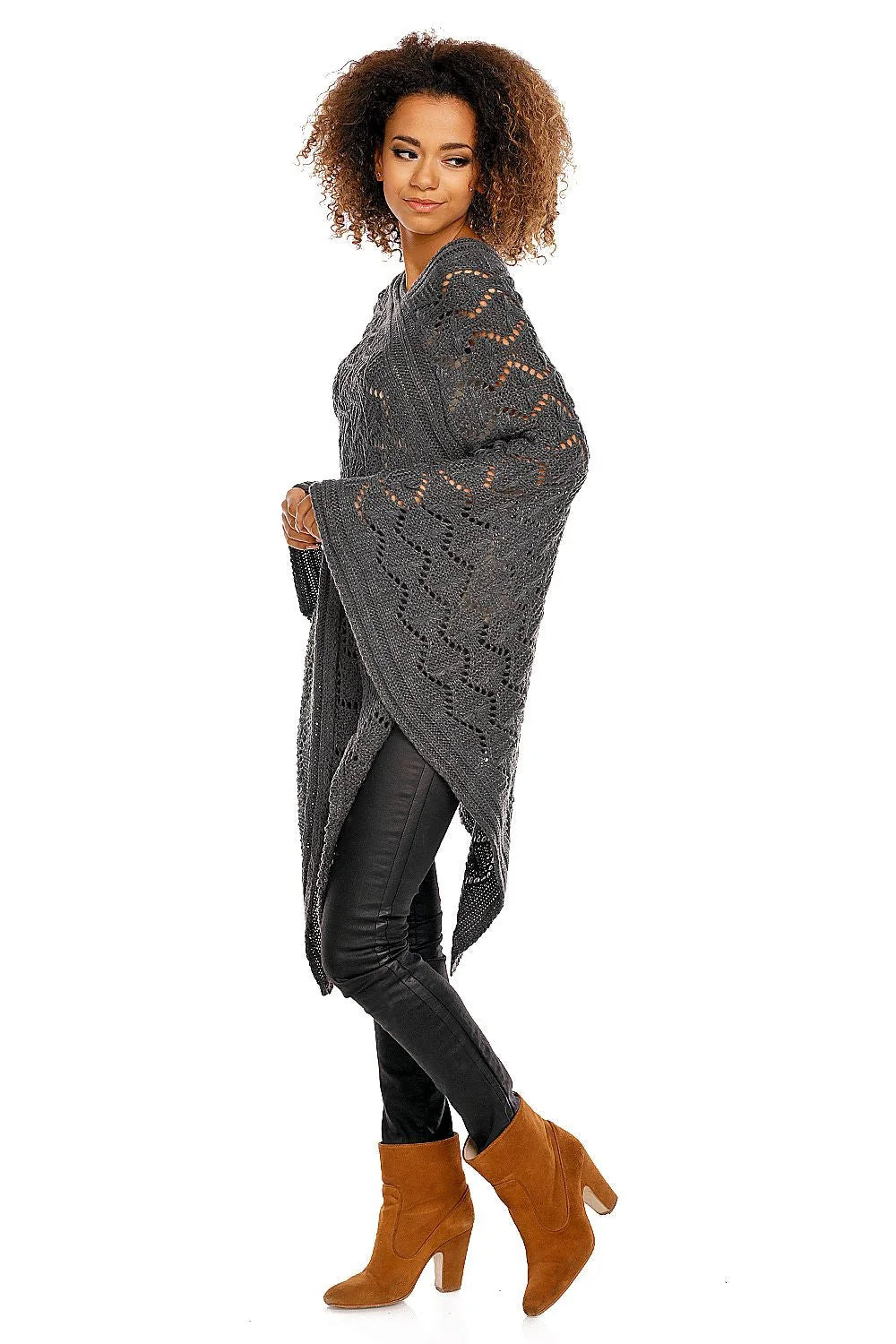 Poncho tricot gris élégant ample motif ajouré confortable chic automne hiver pour femmes mode