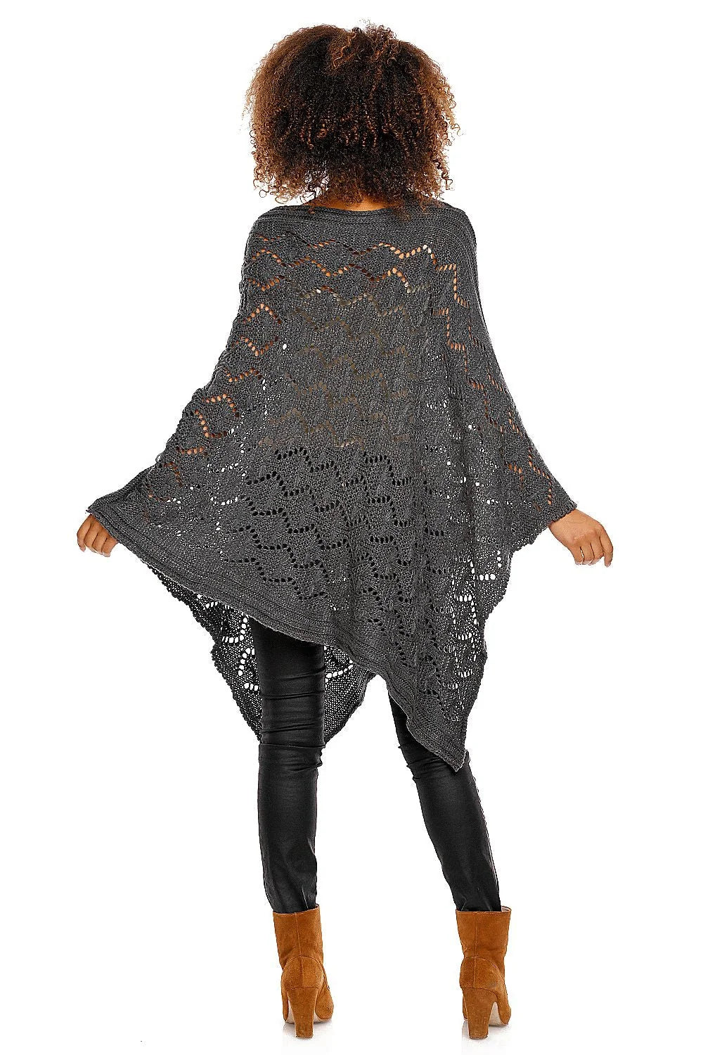 Poncho tricot gris élégant ample motif ajouré confortable chic automne hiver pour femmes mode