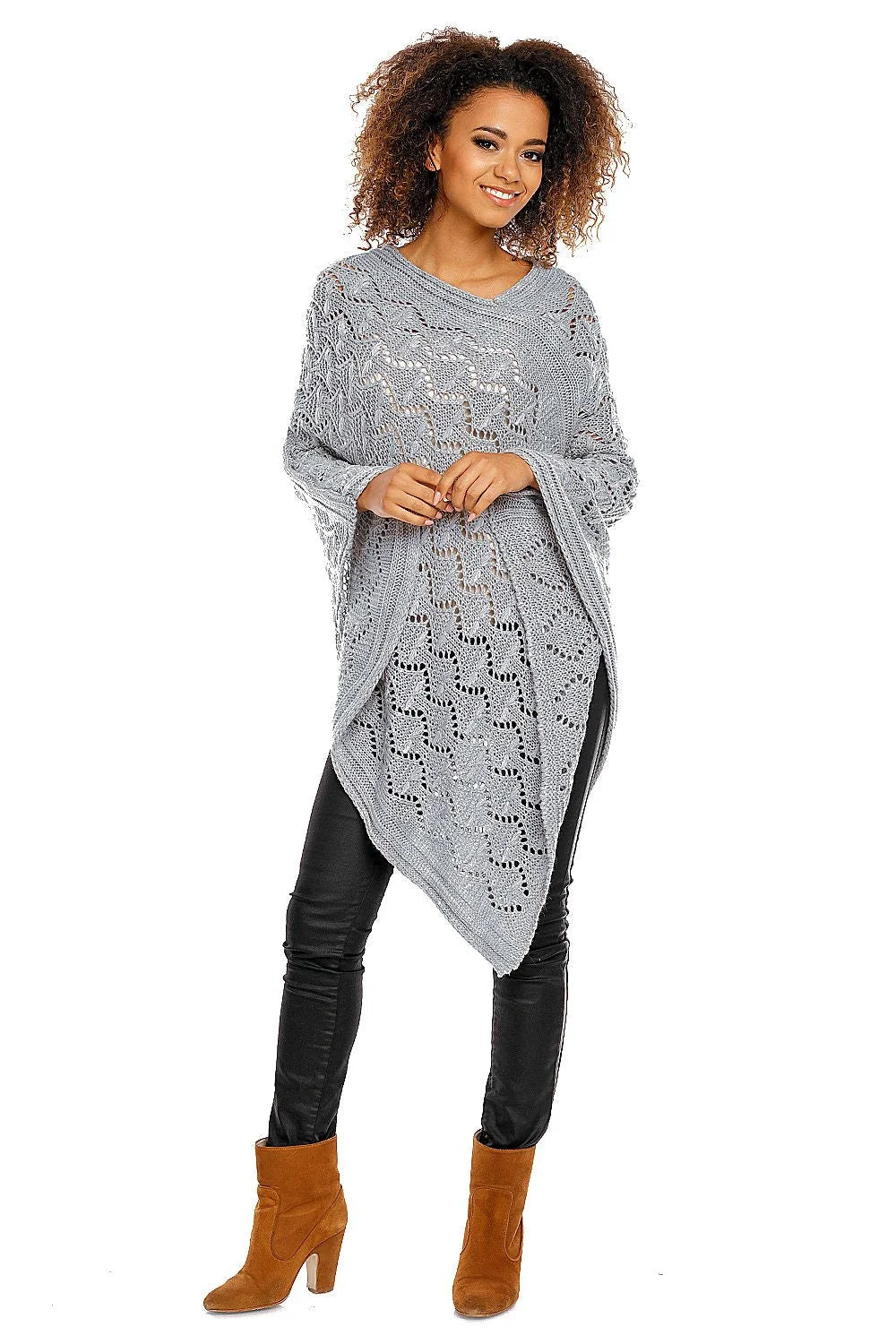 Poncho tricot gris élégant ample motif ajouré confortable chic automne hiver pour femmes mode