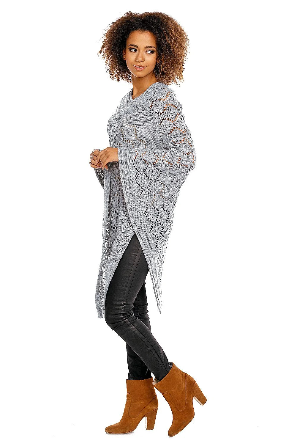 Poncho tricot gris élégant ample motif ajouré confortable chic automne hiver pour femmes mode