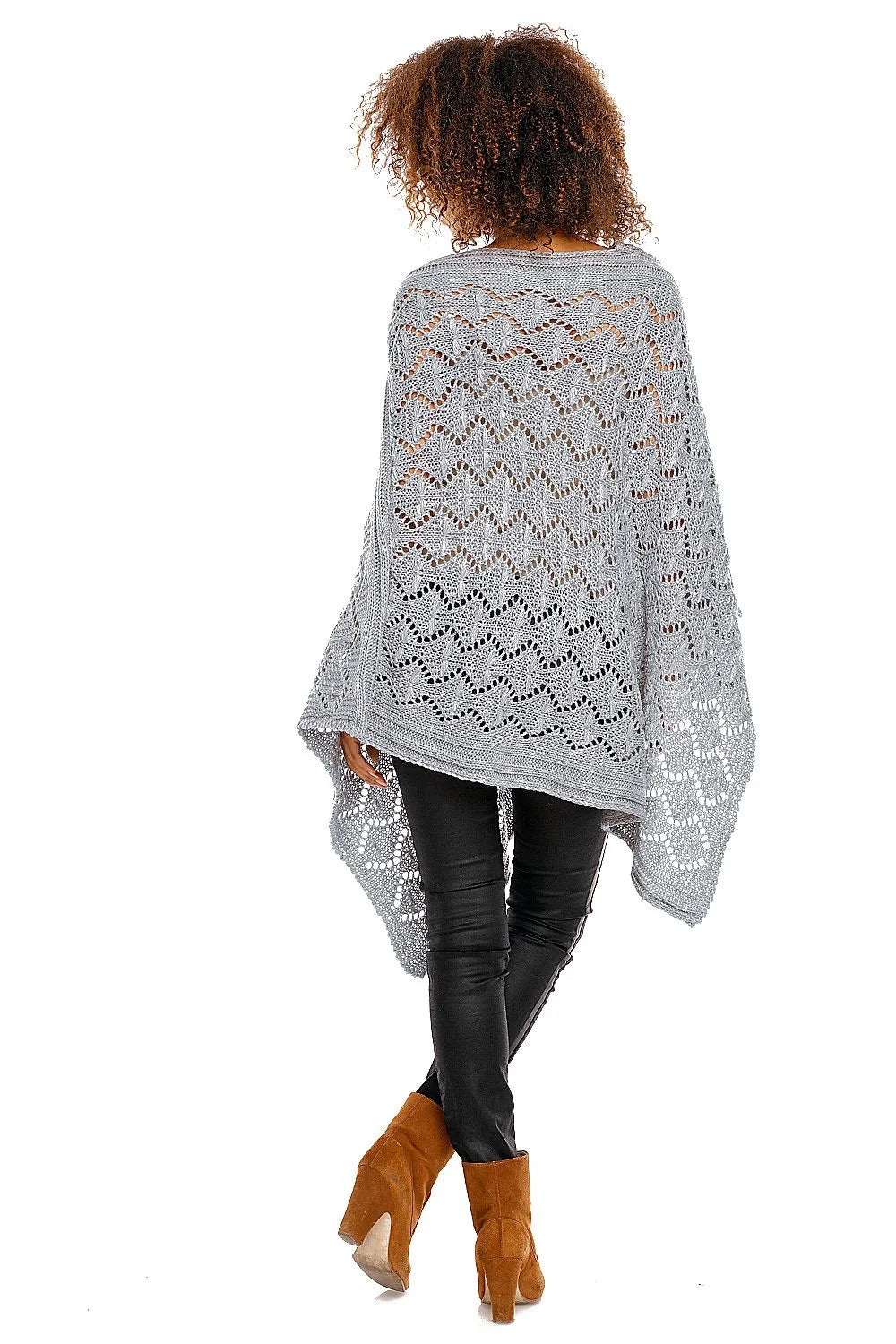 Poncho tricot gris élégant ample motif ajouré confortable chic automne hiver pour femmes mode