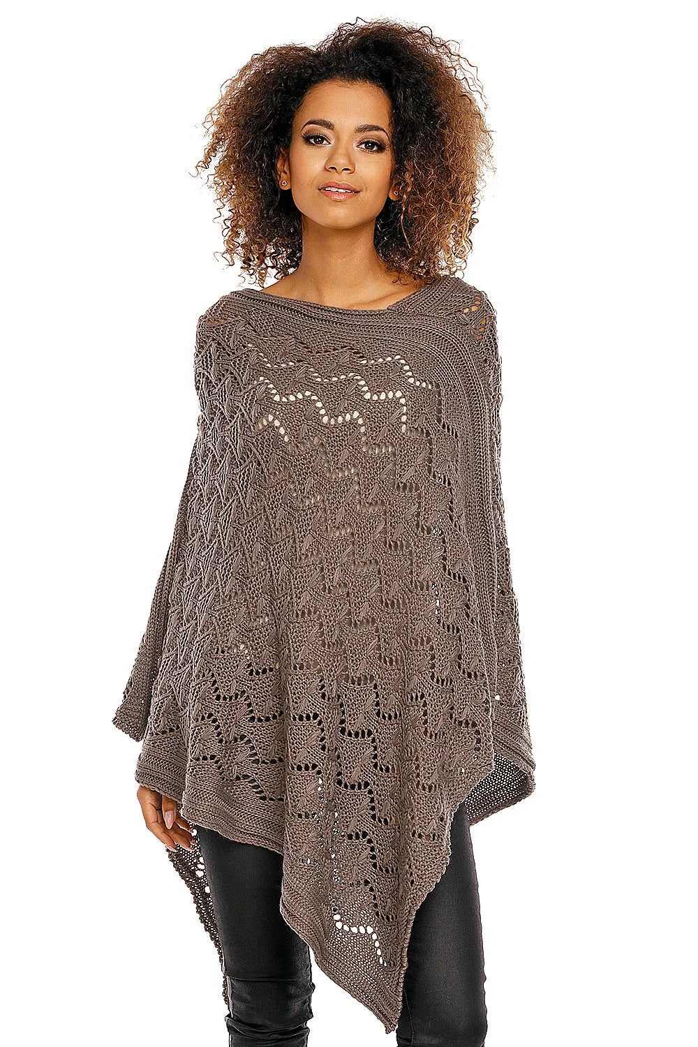 Poncho tricot gris élégant ample motif ajouré confortable chic automne hiver pour femmes mode