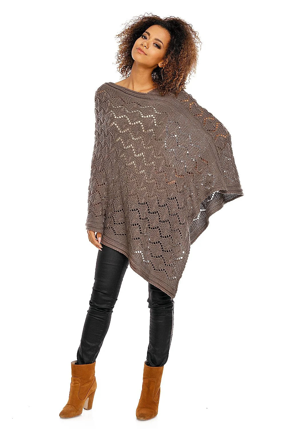 Poncho tricot gris élégant ample motif ajouré confortable chic automne hiver pour femmes mode