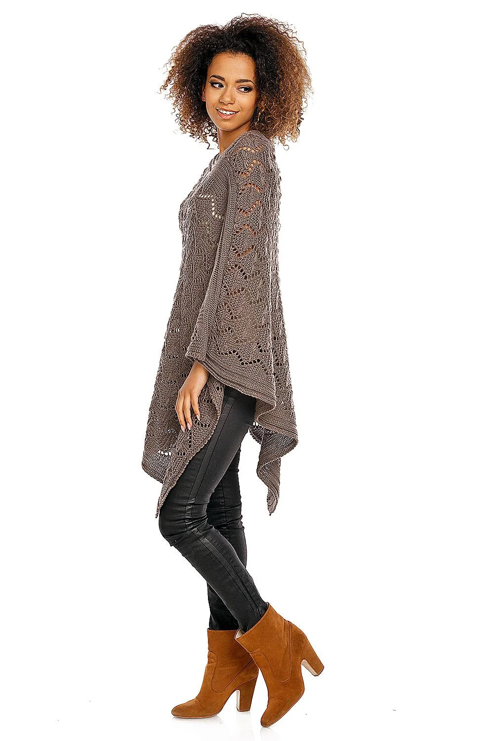 Poncho tricot gris élégant ample motif ajouré confortable chic automne hiver pour femmes mode