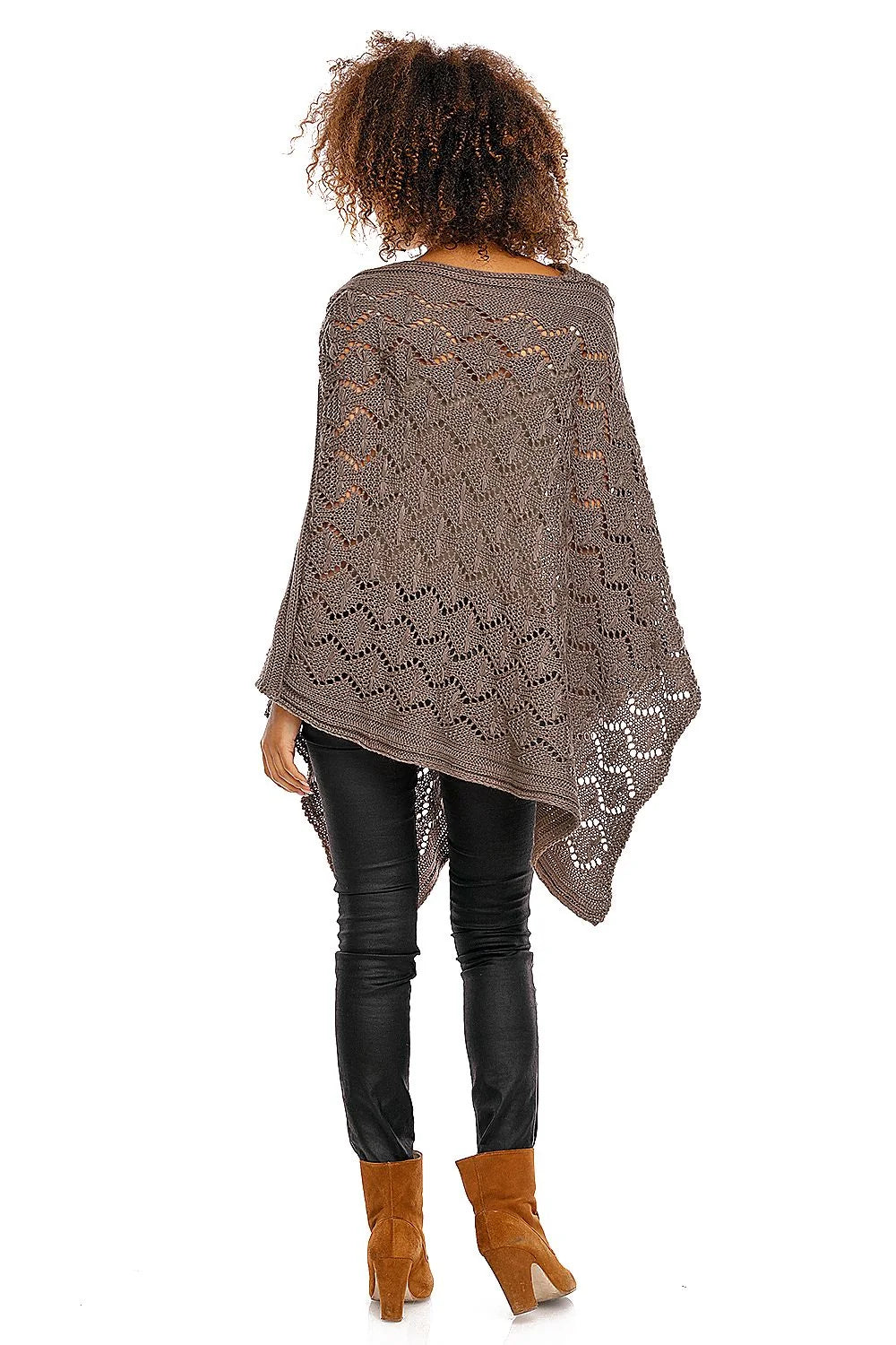 Poncho tricot gris élégant ample motif ajouré confortable chic automne hiver pour femmes mode