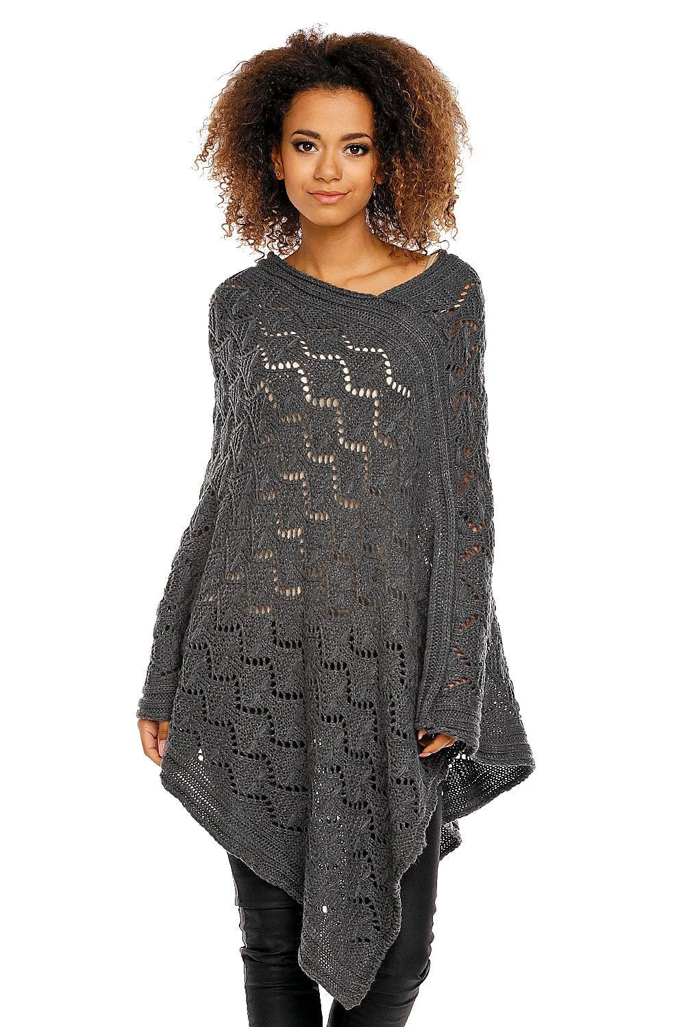 Poncho tricot gris élégant ample motif ajouré confortable chic automne hiver pour femmes mode