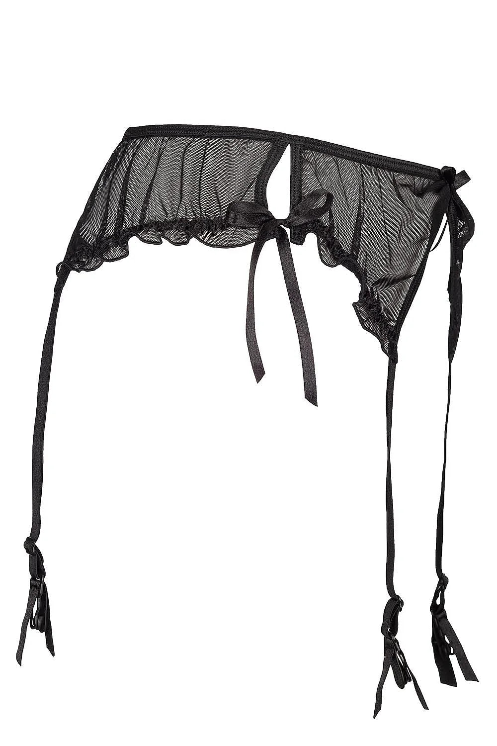porte jarretelles tulle noir délicat volants nœud satin plumetis transparent mesh réglable attaches élastiques sexy boudoir sophistiqué glamour