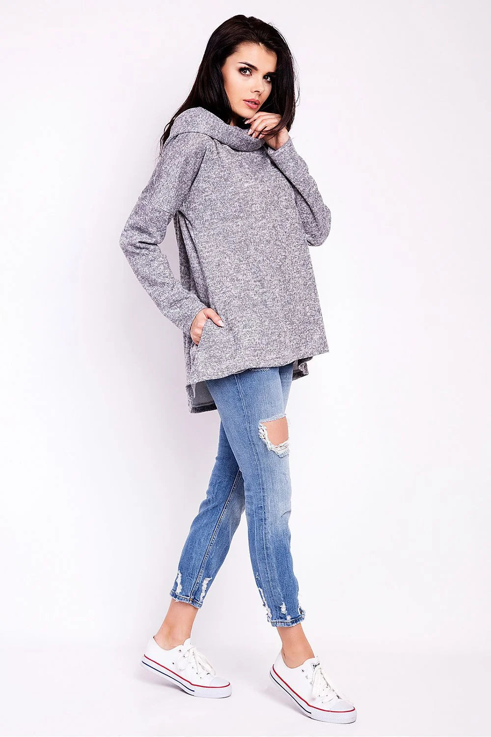 Pull Ample Coton Décontracté Gris Confortable Mode Urbaine Look Casual Pour Sorties Urbaines