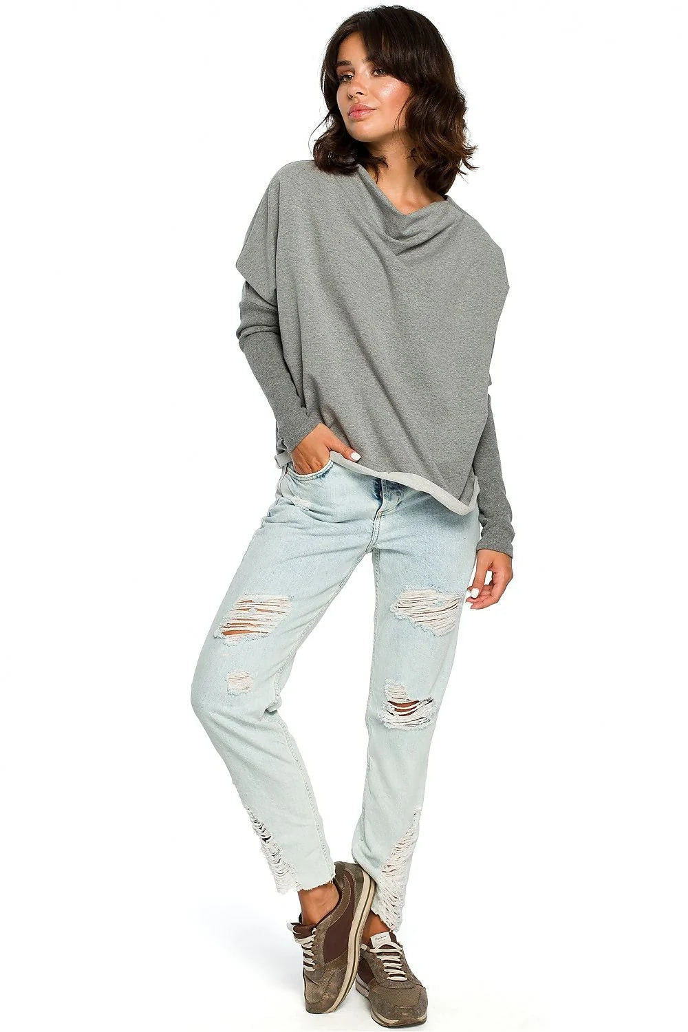 Pull ample femme bleu marine coton élasthanne décontracté confortable tendance manches longues mode féminine