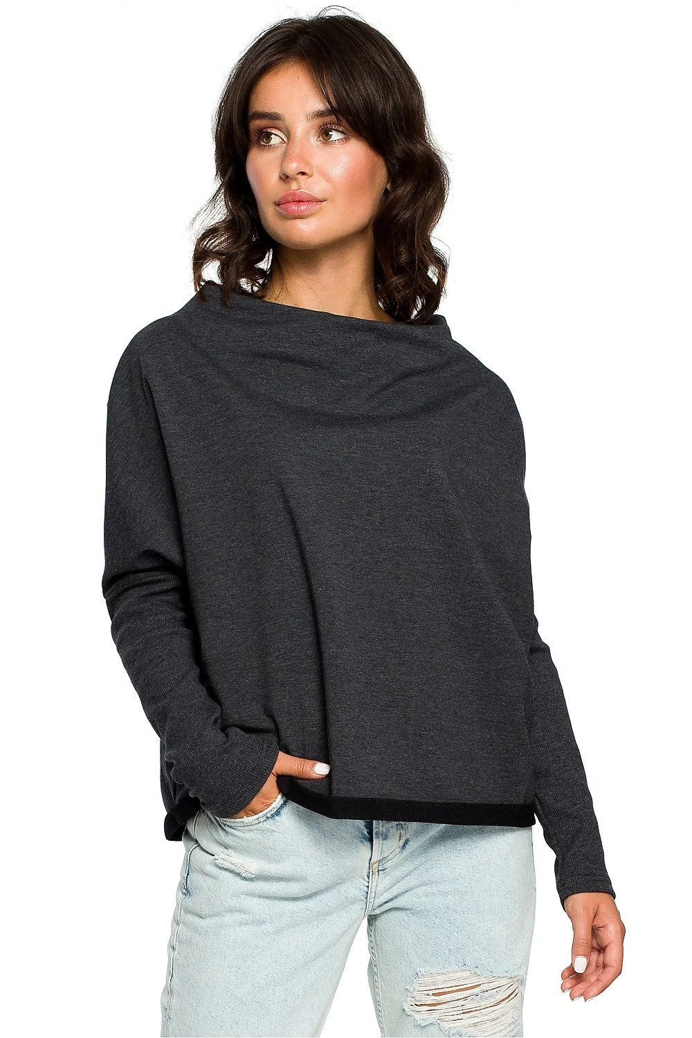 Pull ample femme bleu marine coton élasthanne décontracté confortable tendance manches longues mode féminine