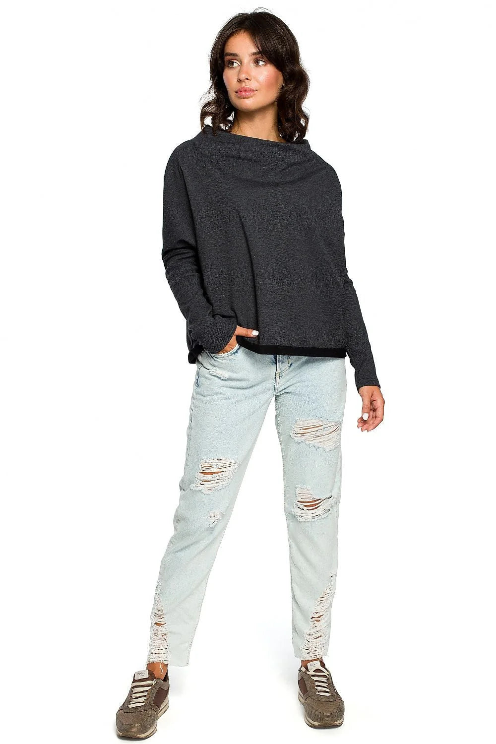 Pull ample femme bleu marine coton élasthanne décontracté confortable tendance manches longues mode féminine