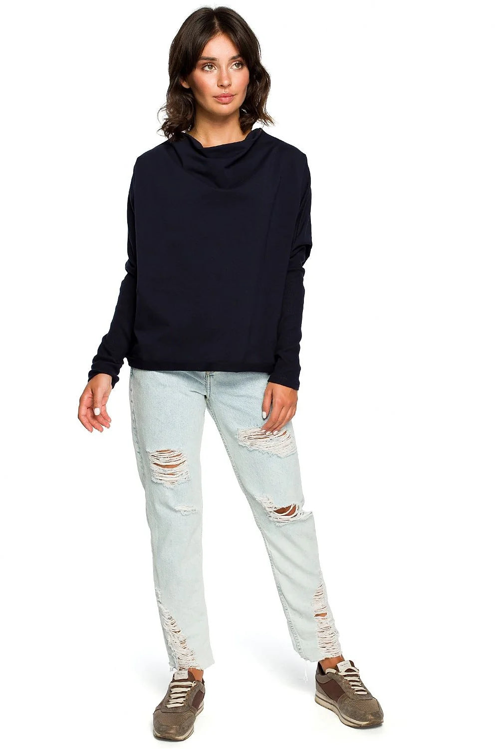 Pull ample femme bleu marine coton élasthanne décontracté confortable tendance manches longues mode féminine