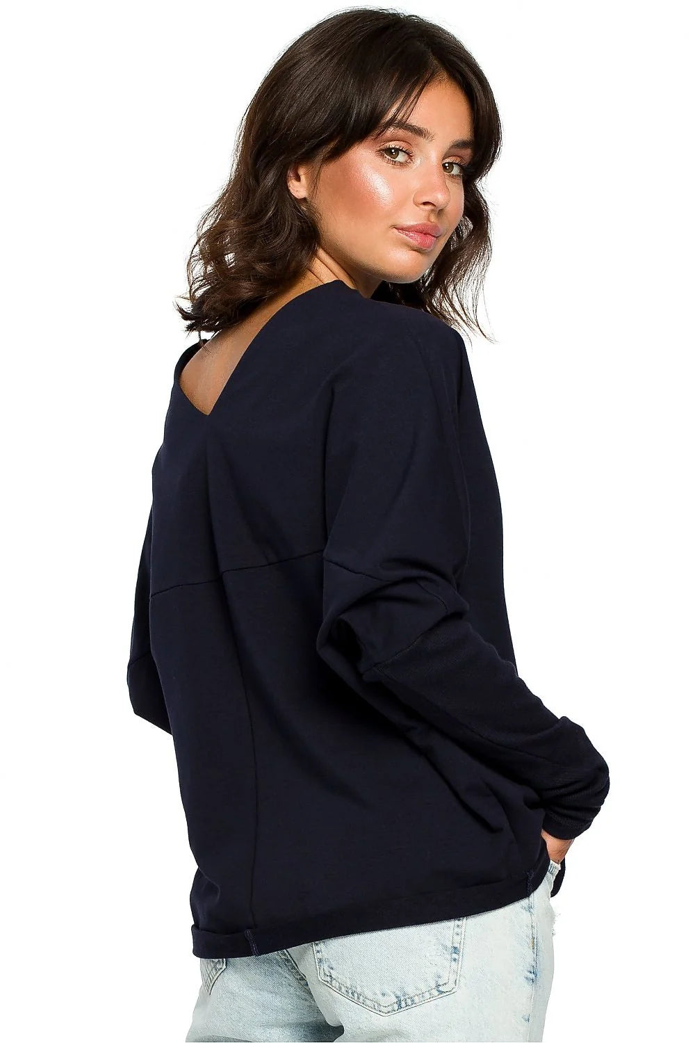 Pull ample femme bleu marine coton élasthanne décontracté confortable tendance manches longues mode féminine
