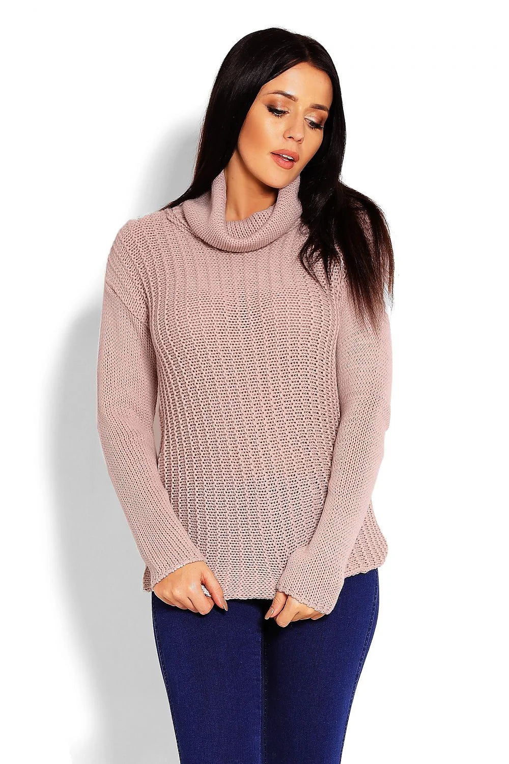 Pull col roulé tricot maille épaisse rose pâle élégant confort casual chic pour femme moderne
