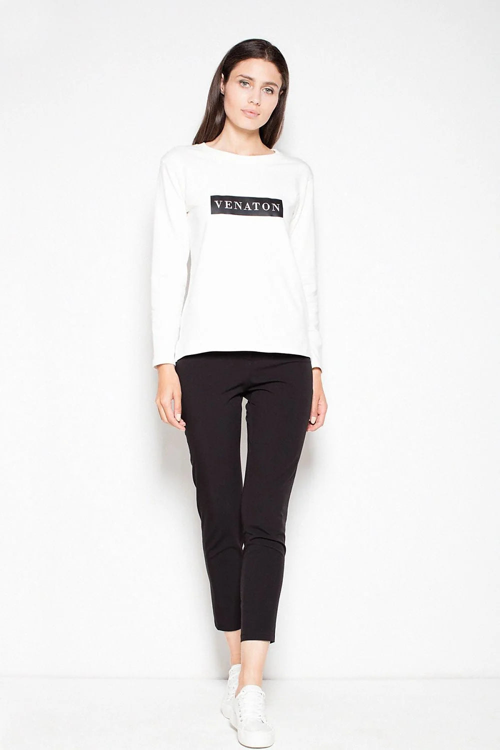 Pull coton décontracté moderne blanc imprimé textuel Venaton confortable pour femme tendance mode casual