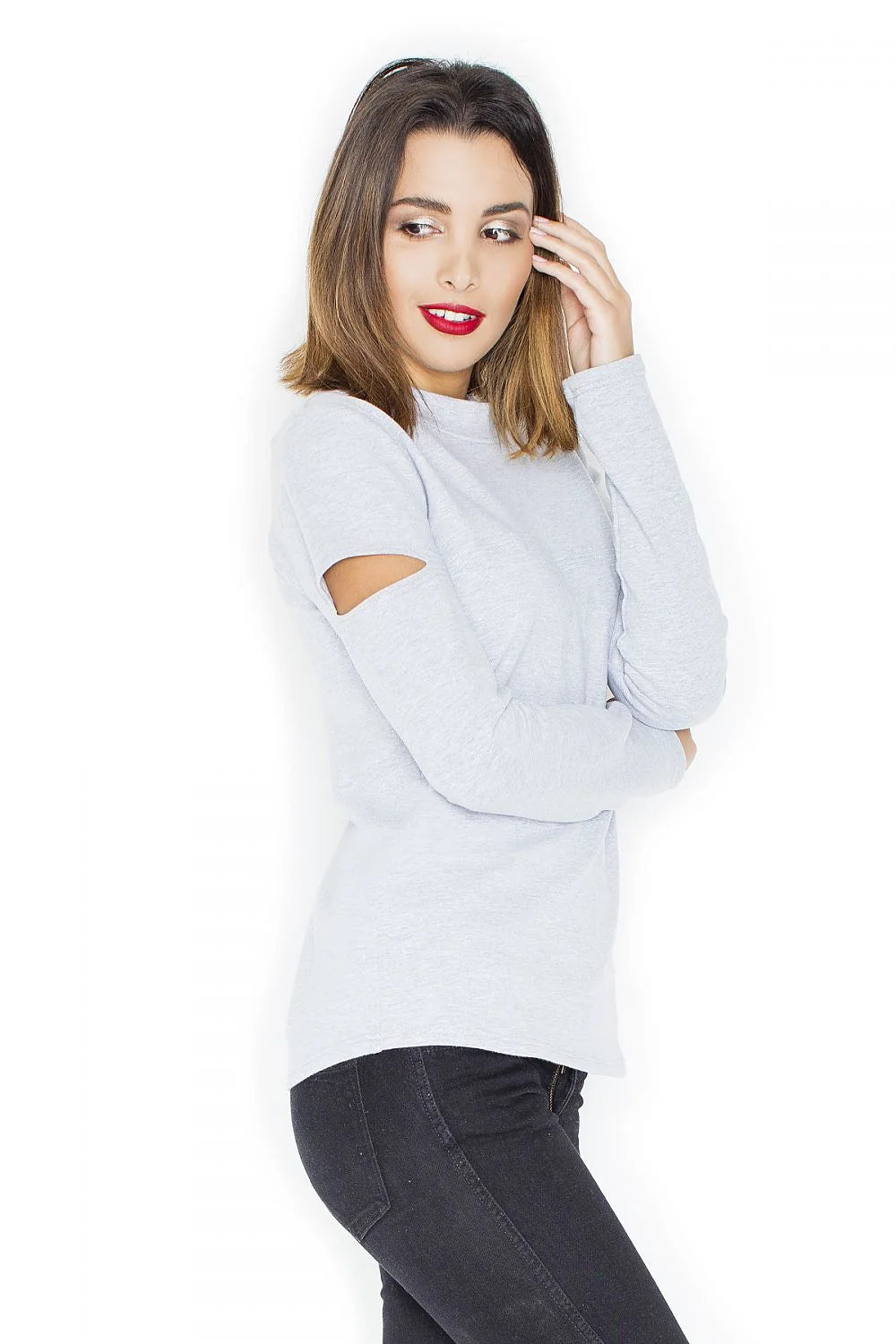 Pull coton décontracté moderne gris clair ouvertures manches longues confort idéal style quotidien femme
