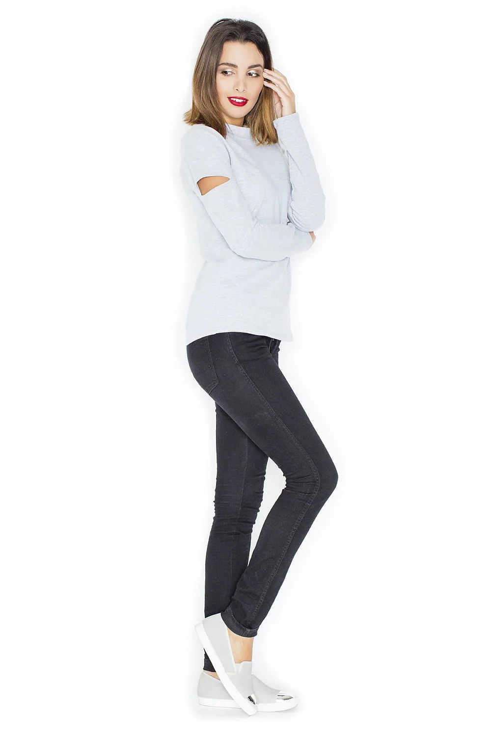 Pull coton décontracté moderne gris clair ouvertures manches longues confort idéal style quotidien femme