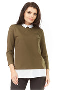 Pull en coton classique chic ajusté col blanc manches longues kaki pour élégance décontractée