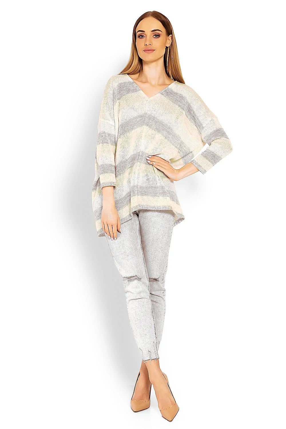 Pull en maille rayée ample femme, confort et style casual, col V manches longues