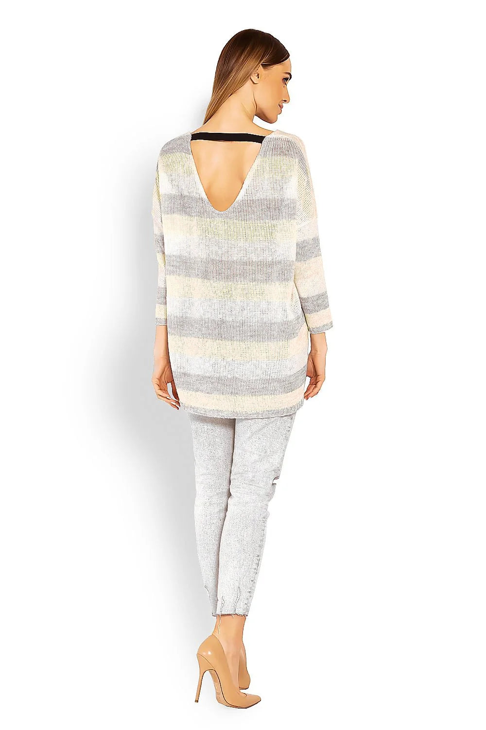 Pull en maille rayée ample femme, confort et style casual, col V manches longues
