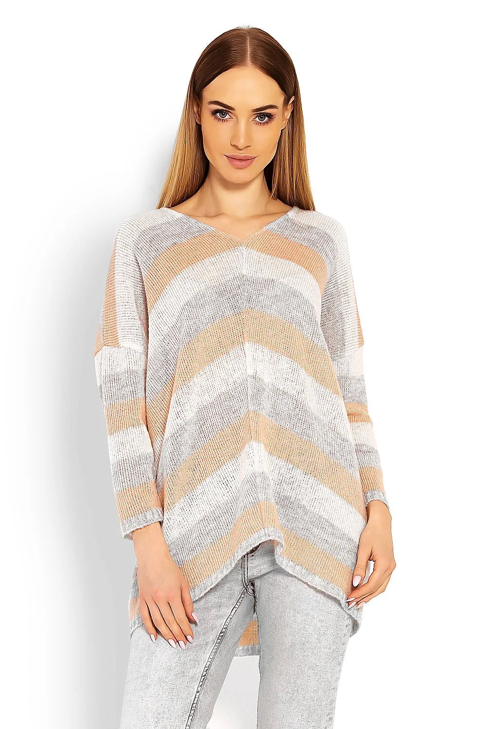 Pull en maille rayée ample femme, confort et style casual, col V manches longues